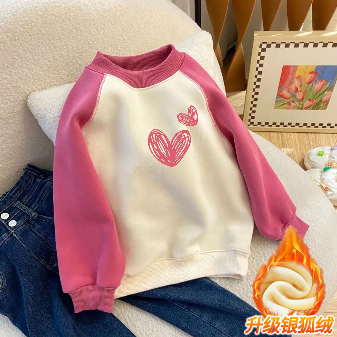 Girls sweatshirt plus velvet autumn and winter new style children's autumn top thickened little girl fashionable color matching bottoming shirt