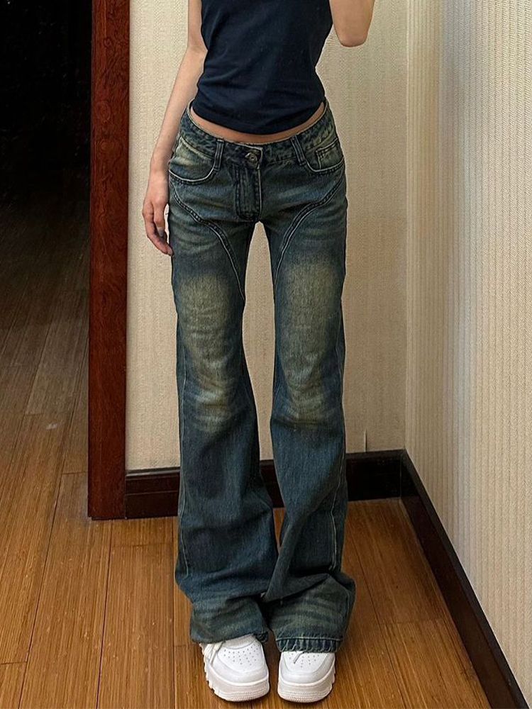 美式辣妹微喇叭牛仔褲女秋新款低腰寬鬆闊腿顯瘦百搭直筒拖地褲子