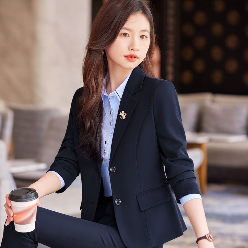 Navy blue blazer, feminine, slim, short, spring and autumn professional attire, interview formal suit, work clothes