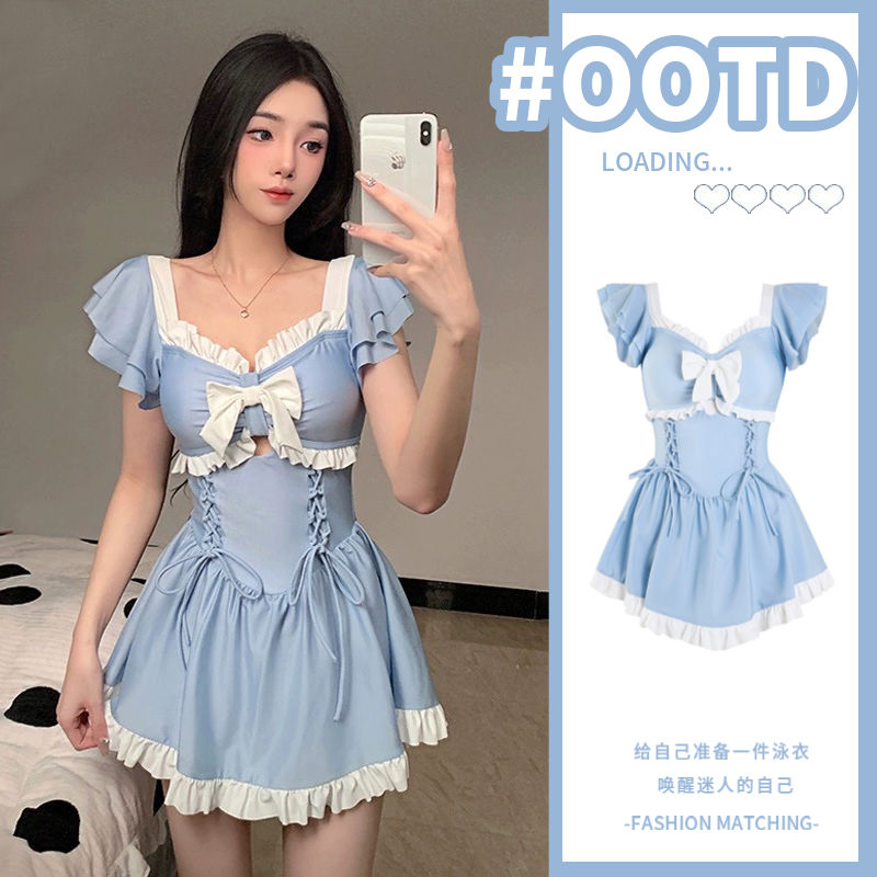 One-piece swimsuit for women  new slimming belly-covering conservative skirt-style bow girl hot spring small fresh swimsuit