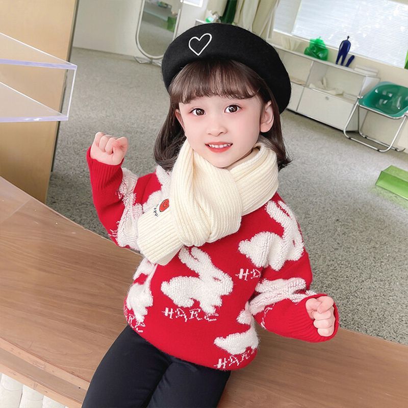 女童毛衣冬季新款加绒加厚女孩套头打底衫儿童小兔子过年大红毛衣