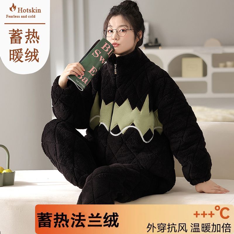 秋冬季法蘭絨三層夾棉睡衣女士保暖絨加厚套裝珊瑚絨家居服可外穿