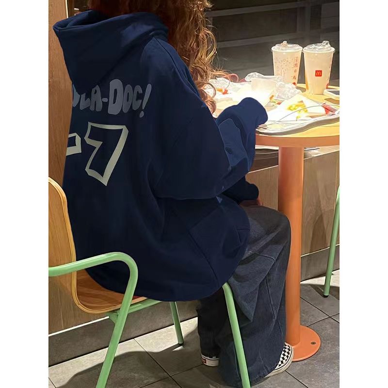 美式復古字母印花連帽衫衛衣女秋冬薄款潮牌高街情侶寬鬆加絨上衣