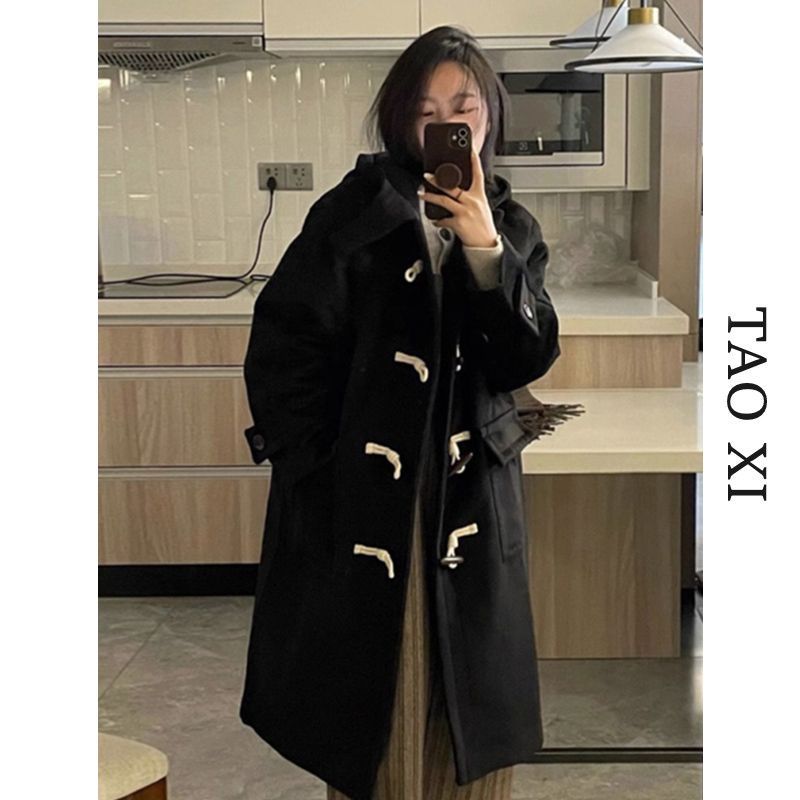 黑色牛角扣大衣女2023秋冬季新款小個子韓系赫本風毛呢外套中長款