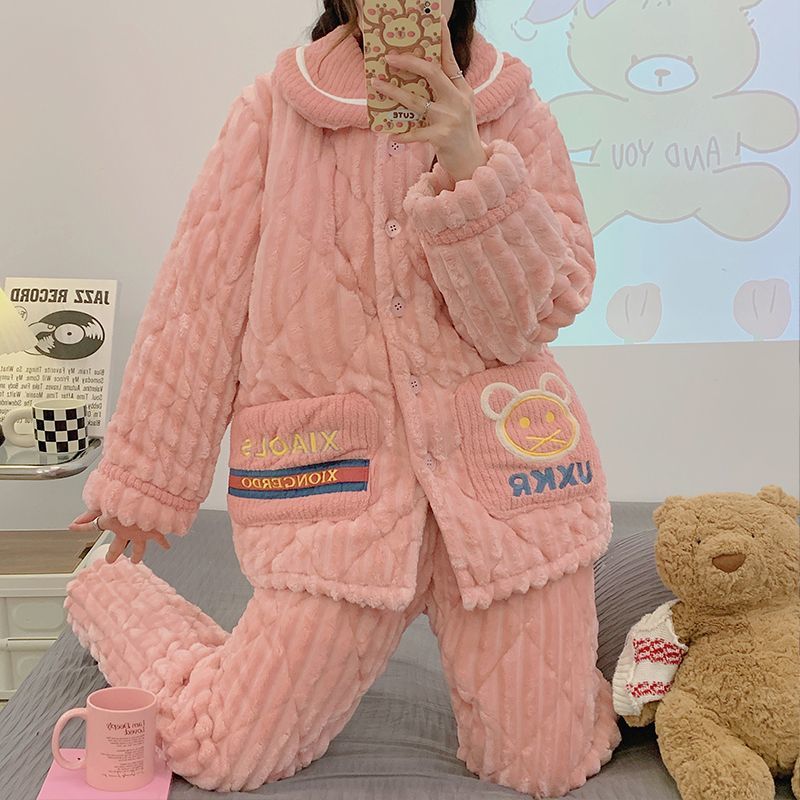 珊瑚絨睡衣女冬季加厚保暖三層夾棉加絨寬鬆甜美舒適加大碼家居服