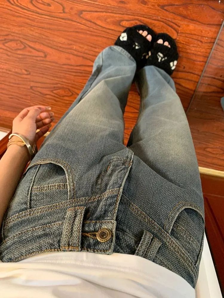 新款復古高街水洗懷舊藍直筒牛仔褲女高腰寬鬆顯瘦闊腿拖地長褲子