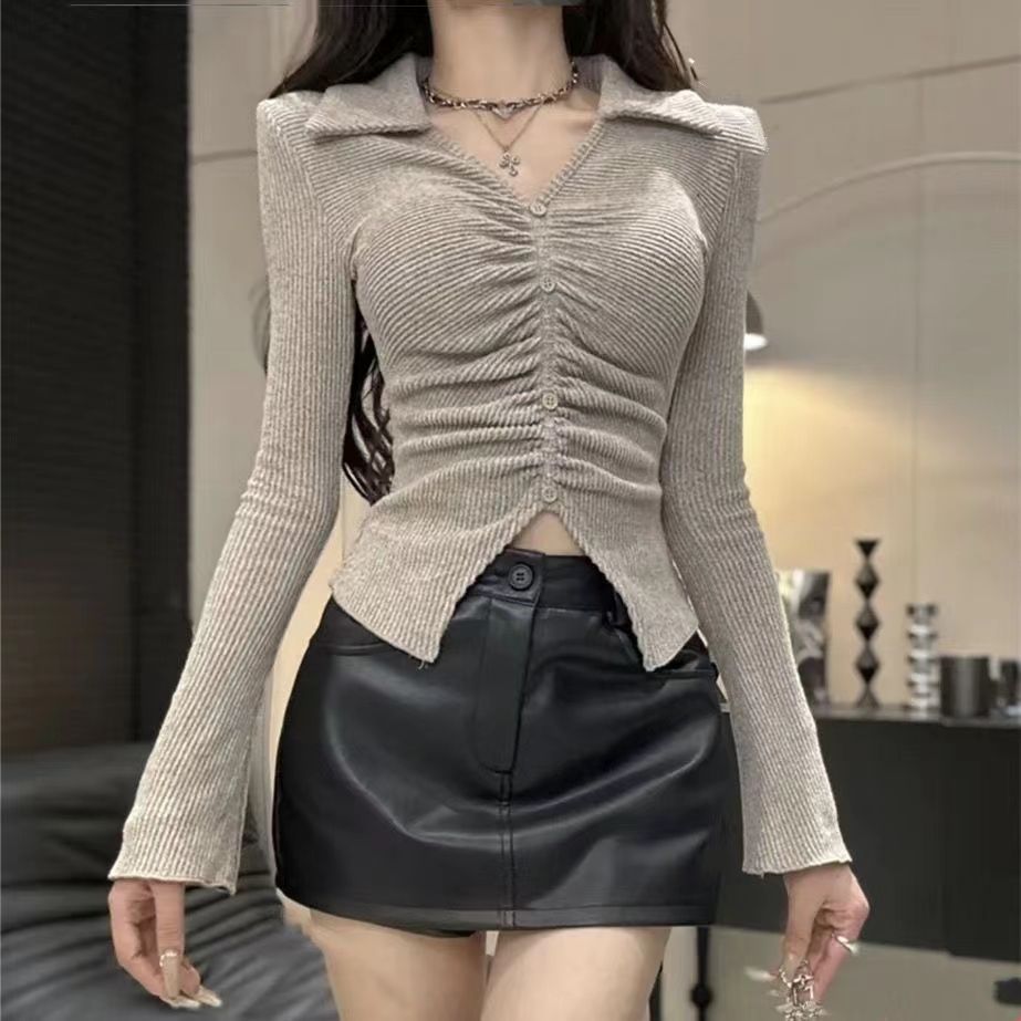 收腰顯瘦長袖T恤女秋季新款褶皺小眾設計感短款內搭POLO領上衣女