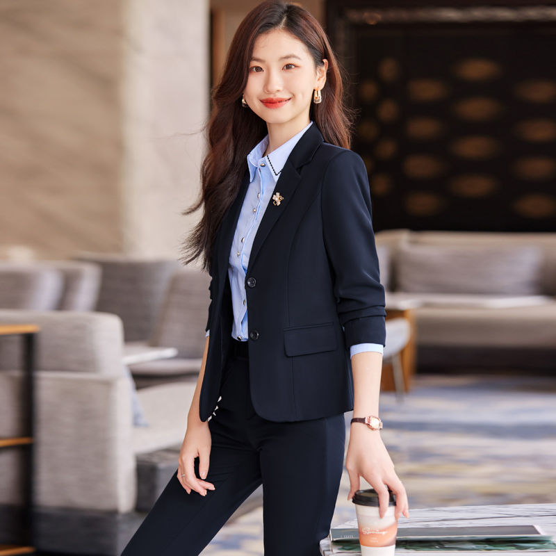 Navy blue blazer, feminine, slim, short, spring and autumn professional attire, interview formal suit, work clothes