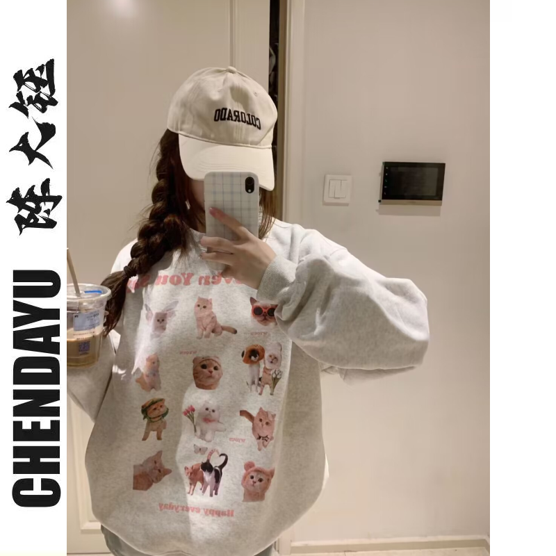 韓系簡約慵懶風寬鬆長袖加絨衛衣女秋冬季小眾設計感休閒圓領上衣
