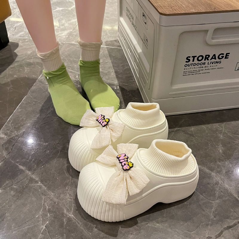 Cute cartoon bow bag heel cotton slippers for women winter outer wear plus velvet to keep warm and waterproof thick sole heightening snow boots