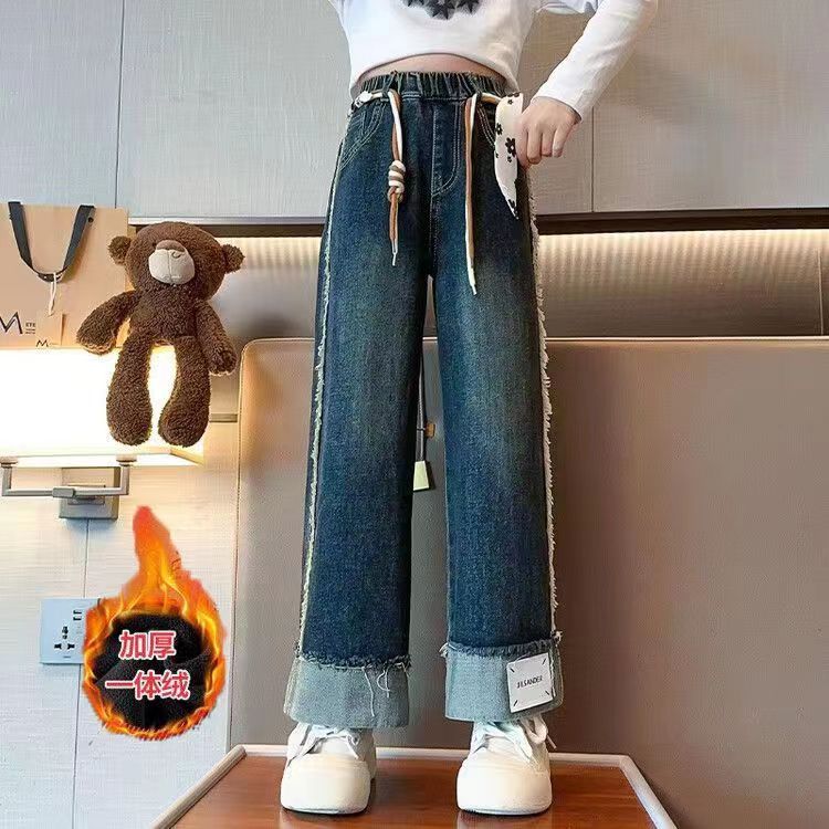 女童牛仔褲時尚休閒褲2023新款中大童女孩顯瘦百搭秋冬款毛邊褲子