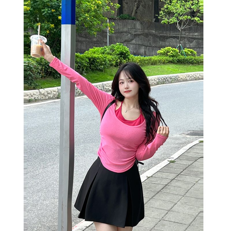 甜辣純欲風微胖mm小眾掛脖假兩件長袖T恤女韓版修身顯瘦上衣ins潮