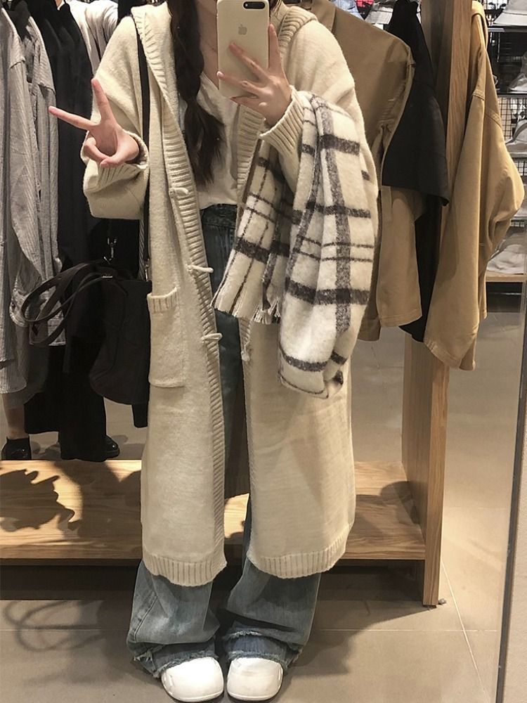 XJ家慵懶風牛角扣顯瘦毛衣女新款加厚連帽百搭中長款針織開衫大衣