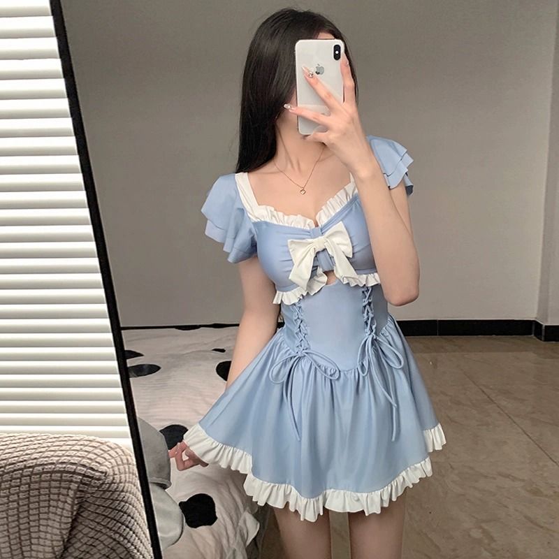 One-piece swimsuit for women  new slimming belly-covering conservative skirt-style bow girl hot spring small fresh swimsuit