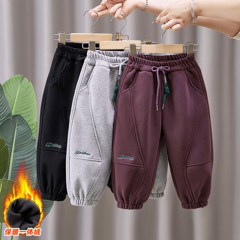 Boys' pants autumn and winter children's fleece pants  new warm pants winter wear thickened one-piece fleece pants winter sweatpants