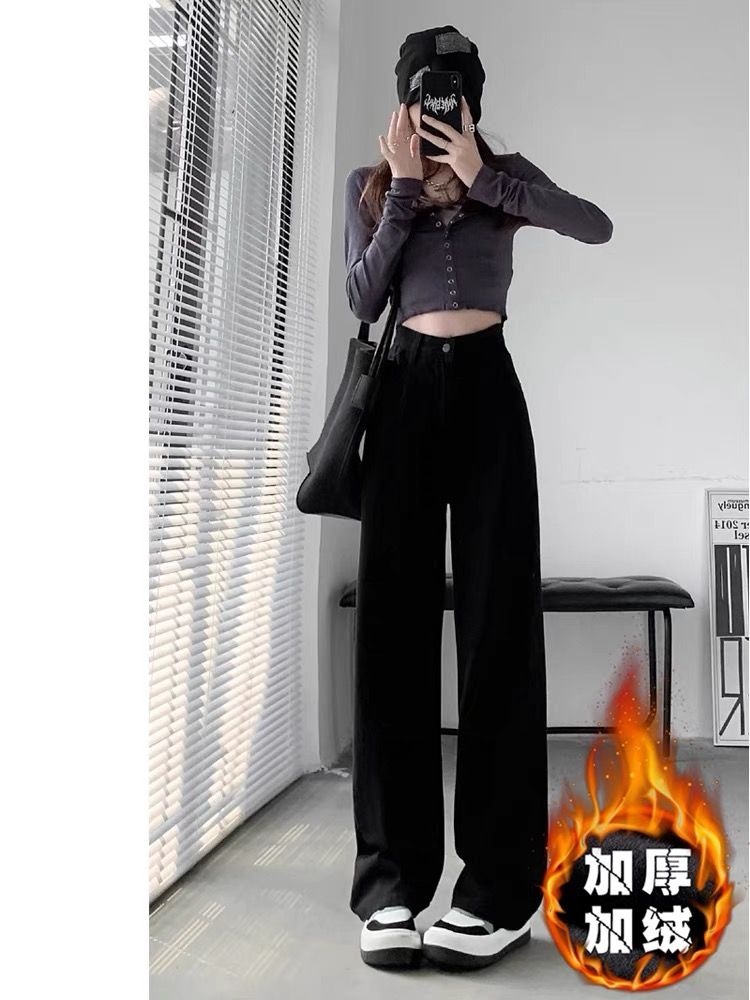 加絨加厚黑色簡約牛仔褲女秋冬高腰水洗寬鬆大碼顯瘦ins潮闊腿褲