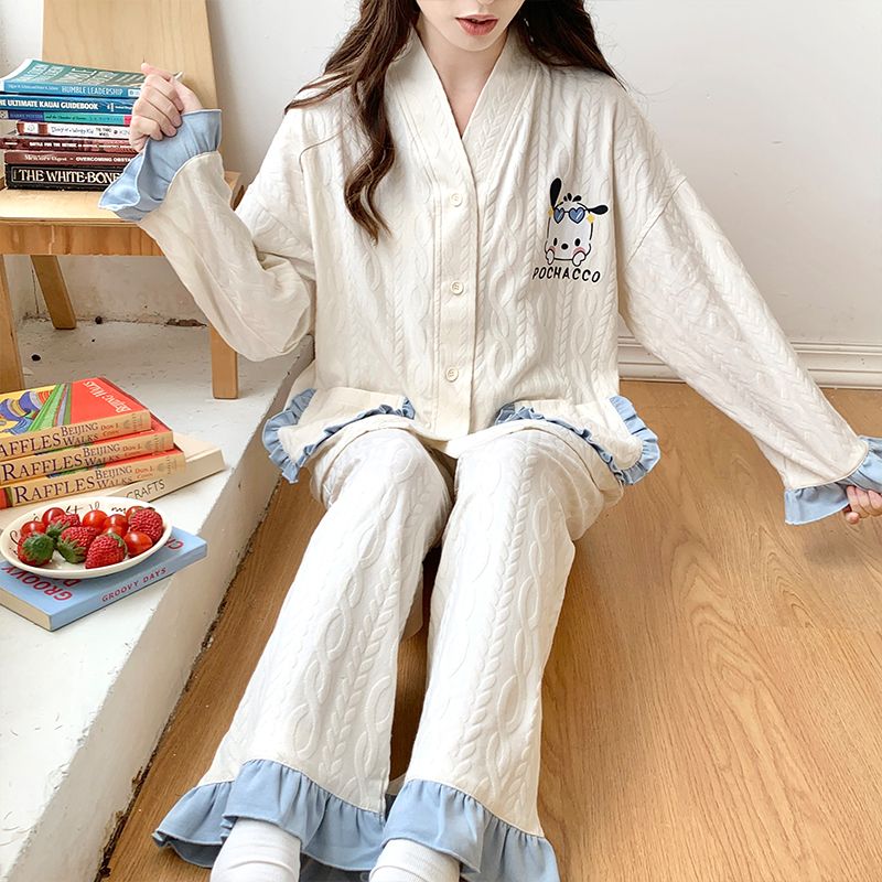 南極人春秋季純棉睡衣女高檔長袖開衫韓版可愛休閒寬鬆家居服套裝