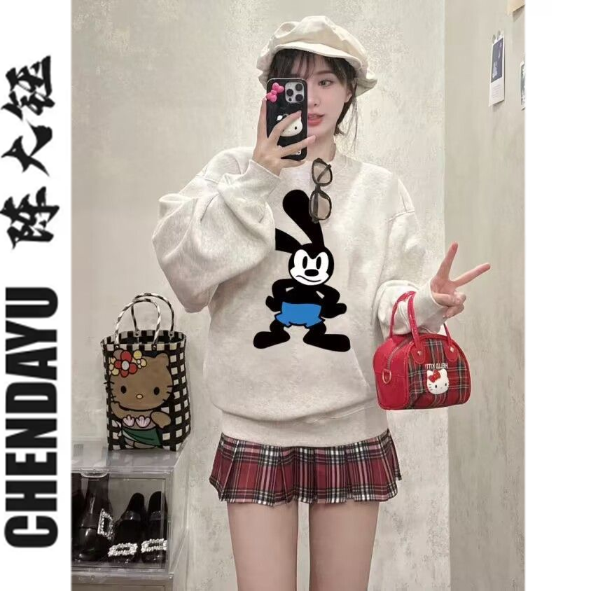 洋氣個性卡通衛衣女2023春秋薄款寬鬆oversize小個子學生上衣潮