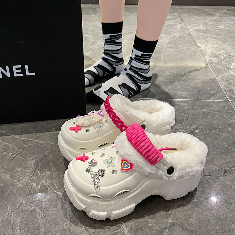 元氣甜酷風diy多巴胺洞洞鞋女厚底防滑外穿加絨加厚少女風棉拖冬
