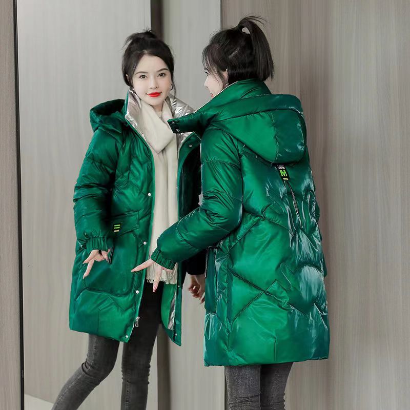 冬季保暖加厚棉服中長款連帽2023新款女綠連帽大碼寬鬆棉衣外套