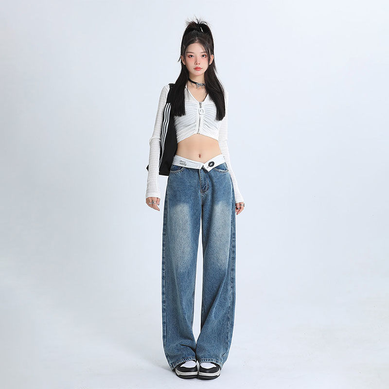 復古闊腿褲設計感翻邊牛仔褲女裝2023新款春秋薄款低腰顯瘦直筒褲