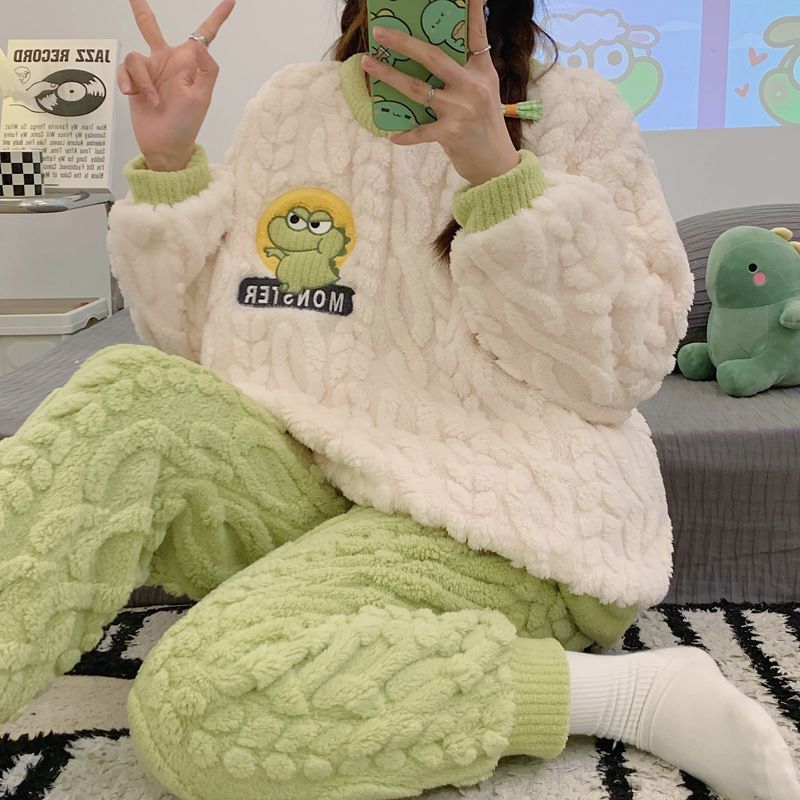 珊瑚絨睡衣女士冬天可愛加絨加厚長袖冬款法蘭絨春秋季家居服套裝