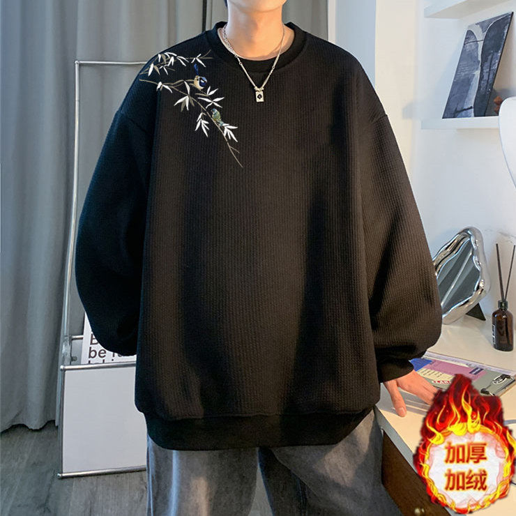 ins復古加絨無帽衛衣男秋季美式復古大碼印花長美式潮牌寬鬆無帽