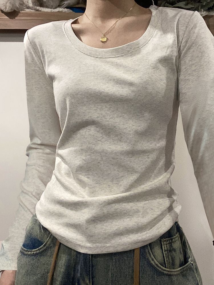 美式正肩u領長袖打底衫上衣女秋季新款百搭修身露鎖骨顯瘦內搭