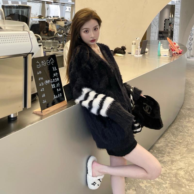 PROMONE 黑色水貂絨毛衣開衫中長款女秋冬慵懶風寬鬆v領針織外套