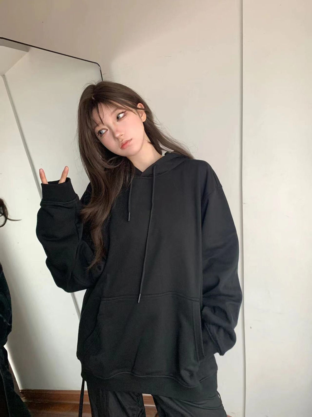 加絨秋冬季新款韓版寬鬆百搭純色帶帽上衣長袖黑色連帽衛衣女潮