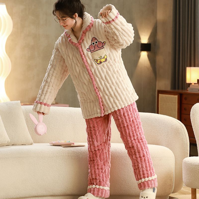 睡衣女冬季加厚三層夾棉珊瑚絨保暖學生可外穿大碼新款家居服套裝