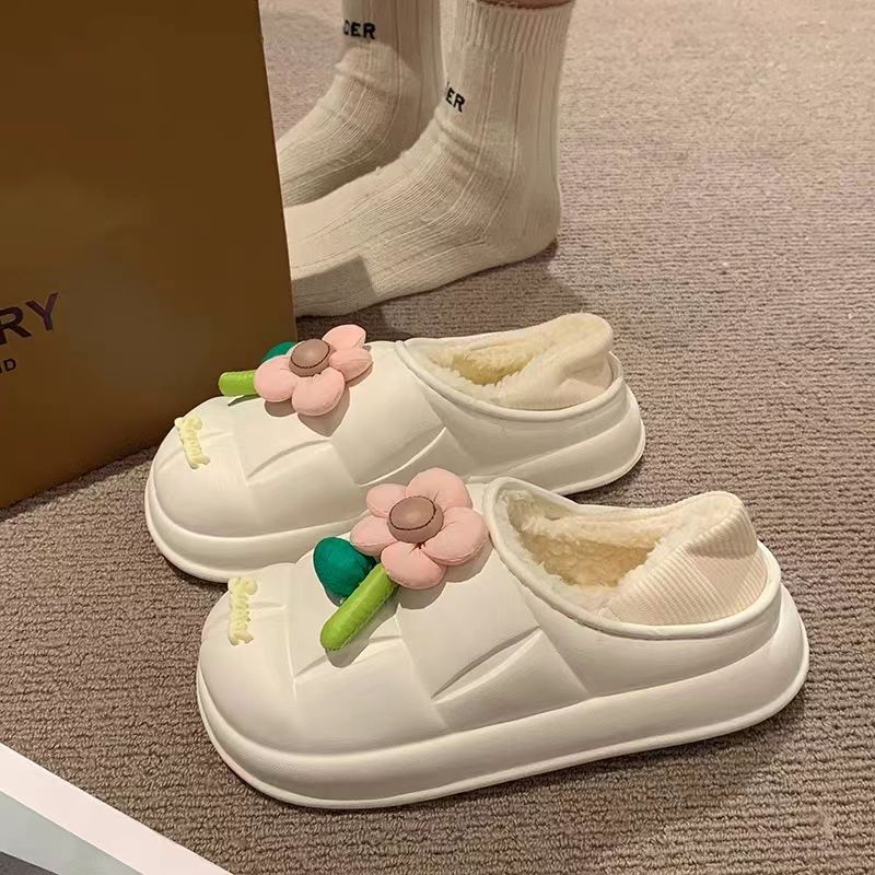 Home cotton shoes women's cotton slippers women's winter bag heel waterproof indoor warm plus velvet cute flower two-wear cotton shoes