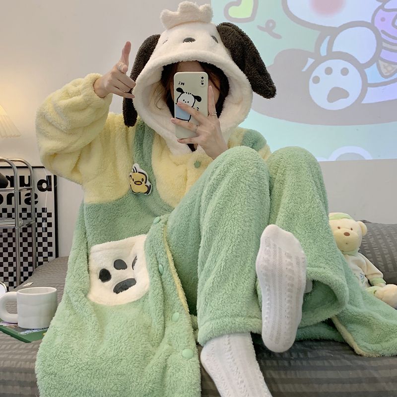 帕恰狗珊瑚絨睡衣女冬季加絨加厚保暖法蘭絨高顏值睡袍家居服套裝