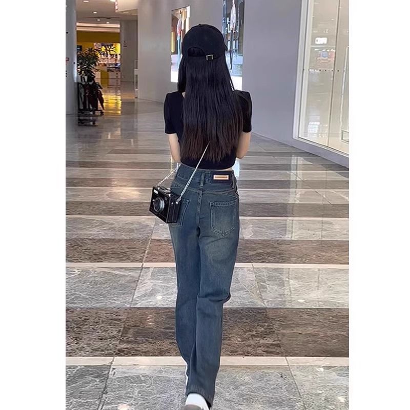 梨形身材窄版直筒牛仔褲女2023秋冬新款大碼胖mm高腰顯瘦闊腿長褲