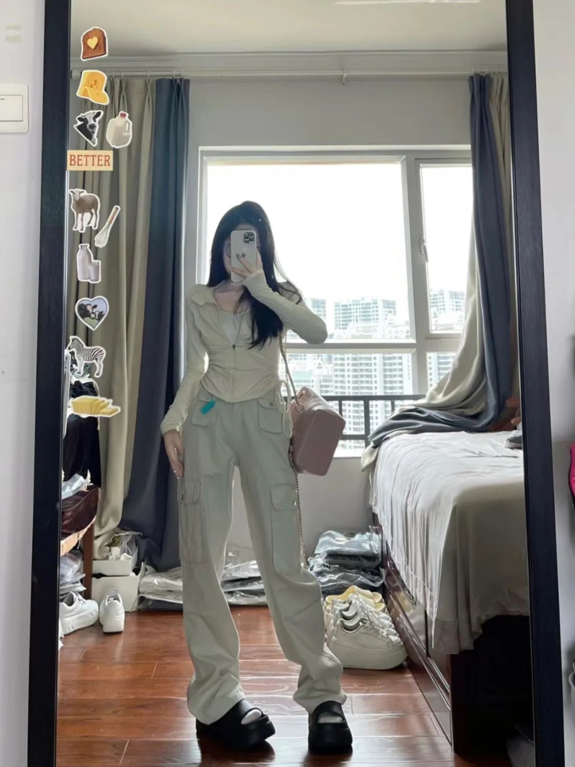 沙白色工裝褲女休閒牛仔長褲新款高腰顯瘦垂感直筒闊腿拖地褲ins