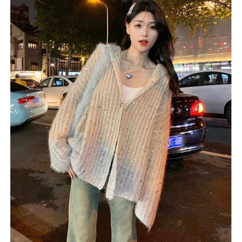 XJ家慵懶風重工珠片連帽毛衣開衫外套女2023秋冬季軟糯針織衫上衣