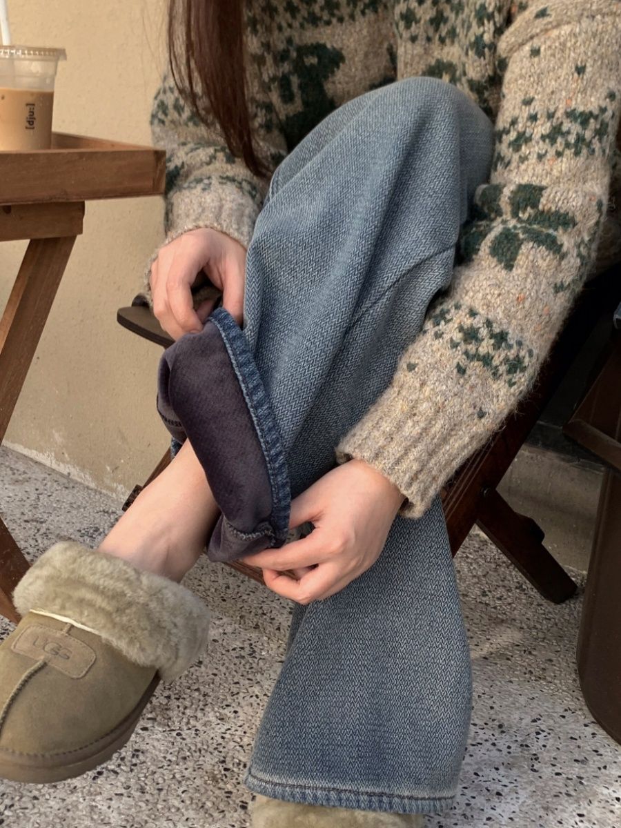 300斤特大碼胖mm牛仔褲女秋冬加絨加厚寬鬆垂感星空紋高腰闊腿褲2