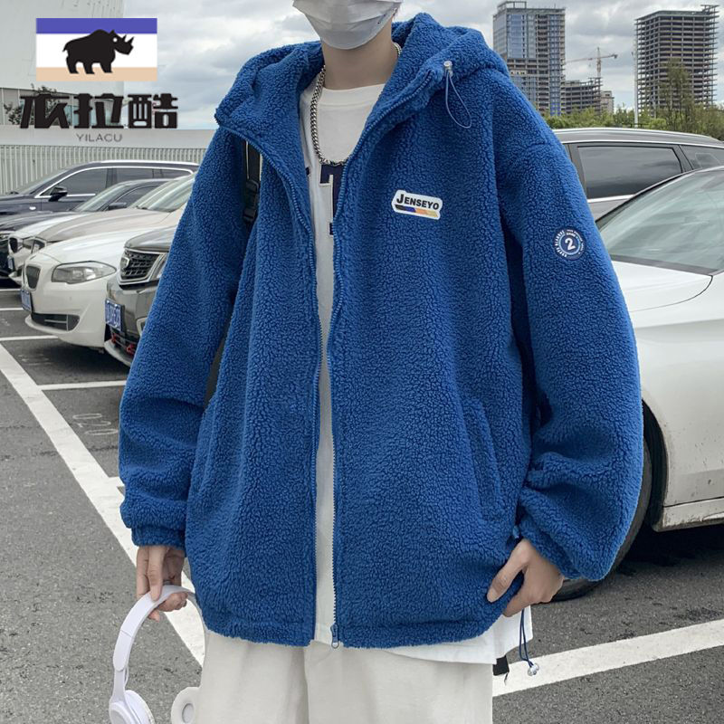 學生男羊羔絨連帽棉衣秋冬日系潮牌潮流寬鬆加厚保暖貼標棉服外套