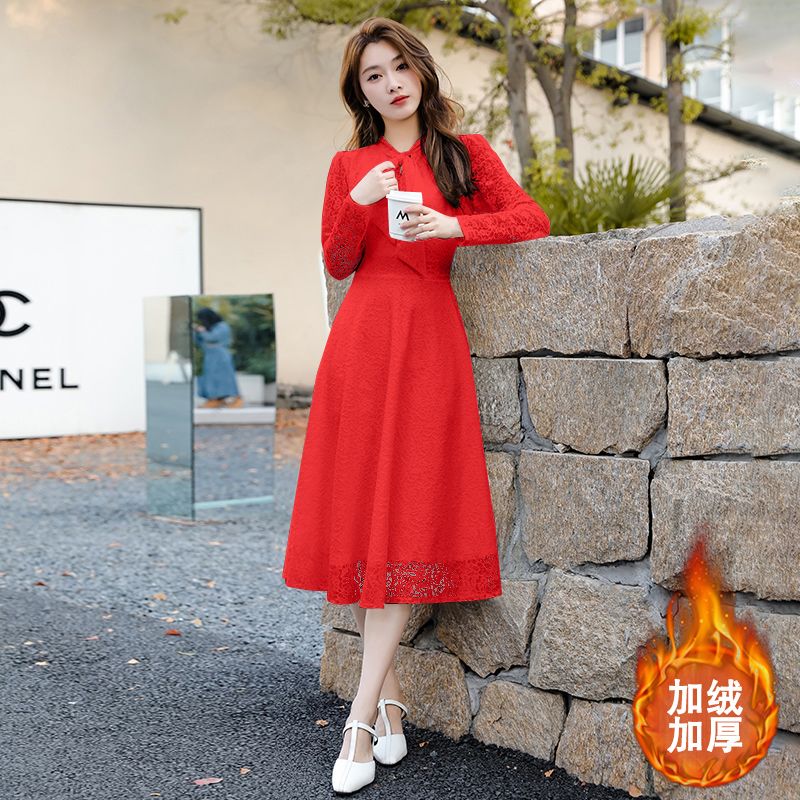 加絨加厚蕾絲打底連衣裙女2023秋冬季新款法式溫柔風時尚減齡裙子