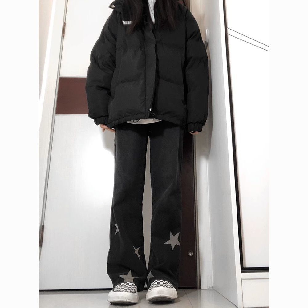 星星牛仔褲女春秋季美式復古高腰顯瘦闊腿百搭高街vibe風黑色褲子