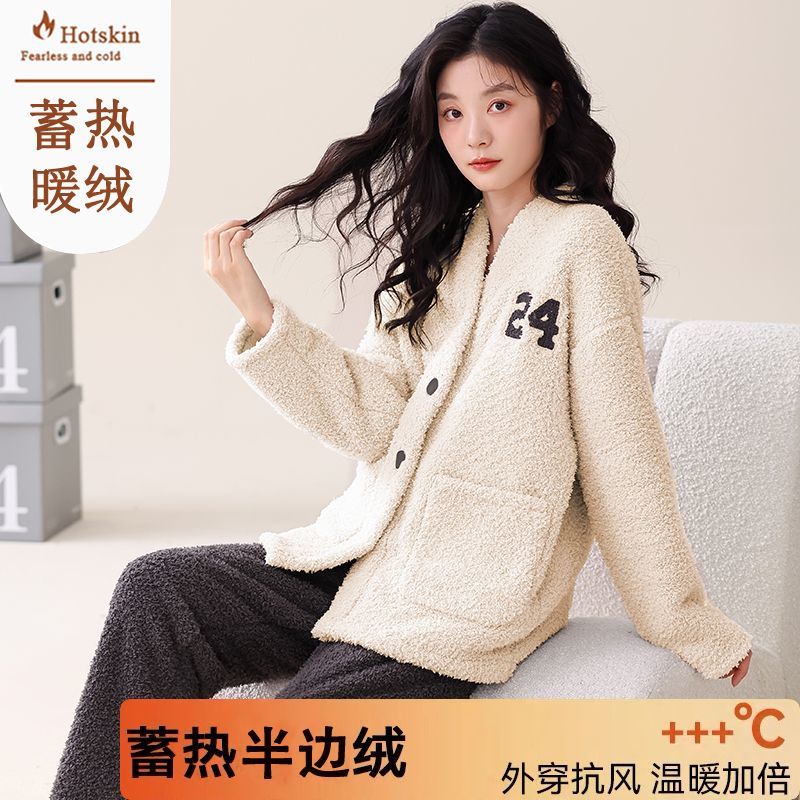 秋冬季半邊絨睡衣女士保暖法蘭絨睡衣套裝冬天珊瑚絨家居服可外穿