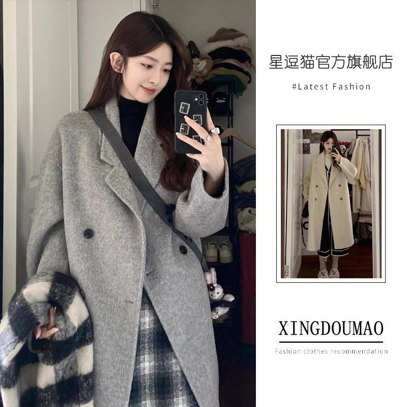 Cashmere coat for women 2023 autumn and winter new style high-end double-sided woolen coat woolen woolen thickened cotton coat for small people
