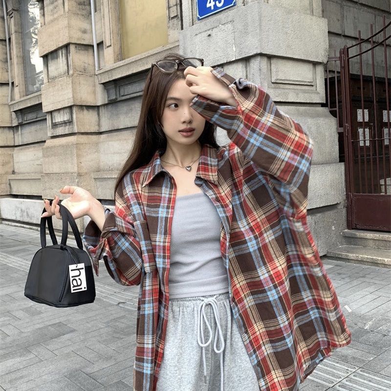 格瑞吉奧復古格子襯衫上衣女設計感小眾長袖外套寬鬆polo襯衣ins