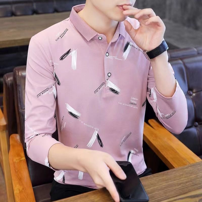 新款翻領polo衫男士長袖T恤春秋男打底衫青年修身潮流秋上衣1/2件