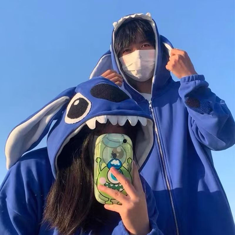 加絨加厚史迪仔外套情侶款衛衣女秋冬連帽可愛寬鬆港風慵懶開衫