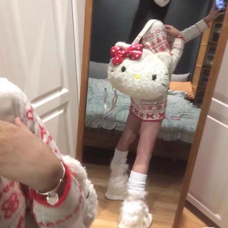 HelloKitty毛绒包包秋冬日系托特包可爱kitty猫学生双肩包少女