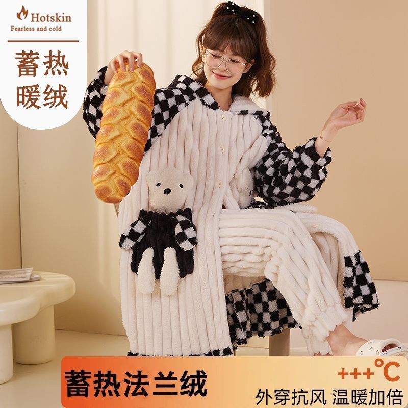 睡袍女加厚加絨珊瑚絨冬天保暖睡衣帶帽中長款袍套裝法蘭絨家居服