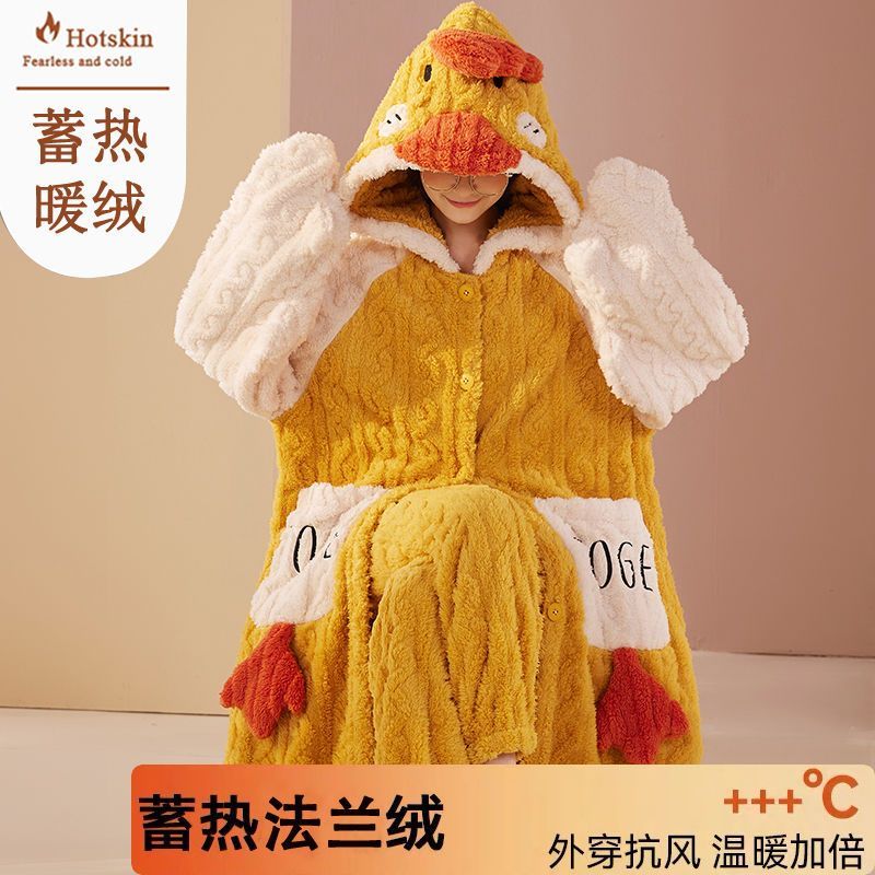 睡袍女加厚加絨珊瑚絨冬天保暖睡衣帶帽中長款袍套裝法蘭絨家居服
