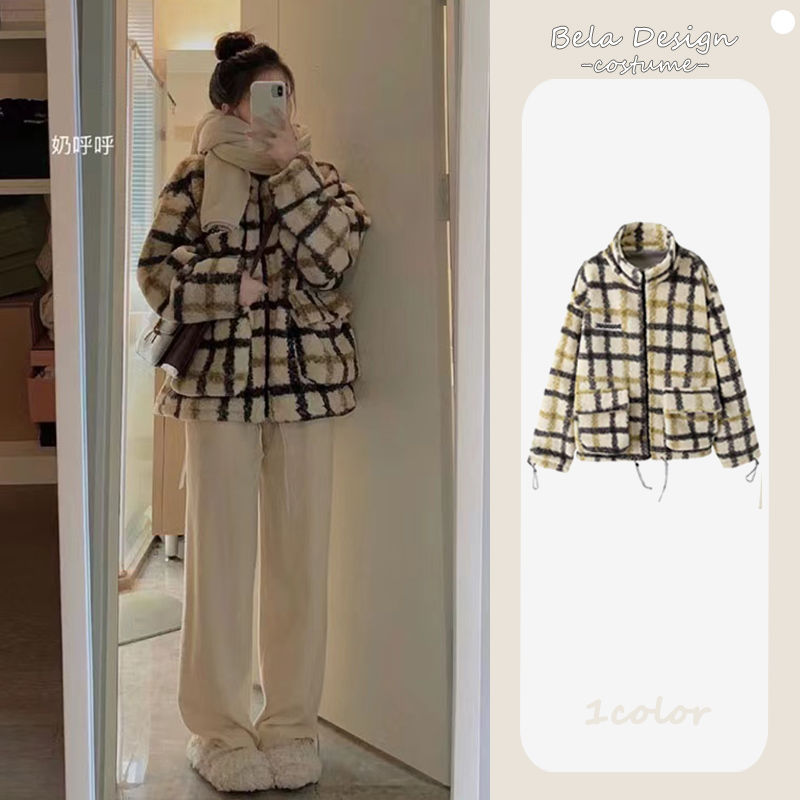 美式復古格子羊羔絨棉衣外套女冬季新款設計感小眾寬鬆加厚棉服潮