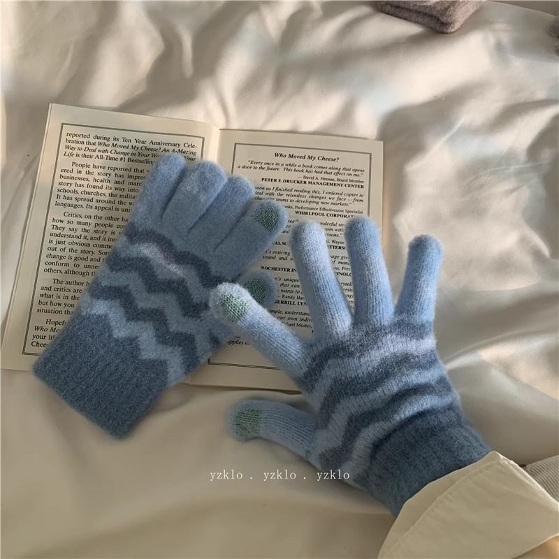 拼色护手套女冬季保暖蓝色韩国ins可爱学生骑车加绒触屏分指手套